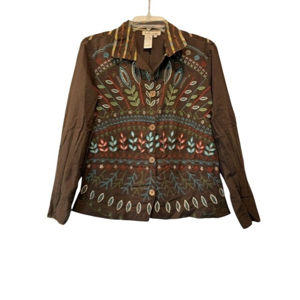 A La Carte Womens M Embroidered Floral Jacket Brown Boho Art to Wear Cotton